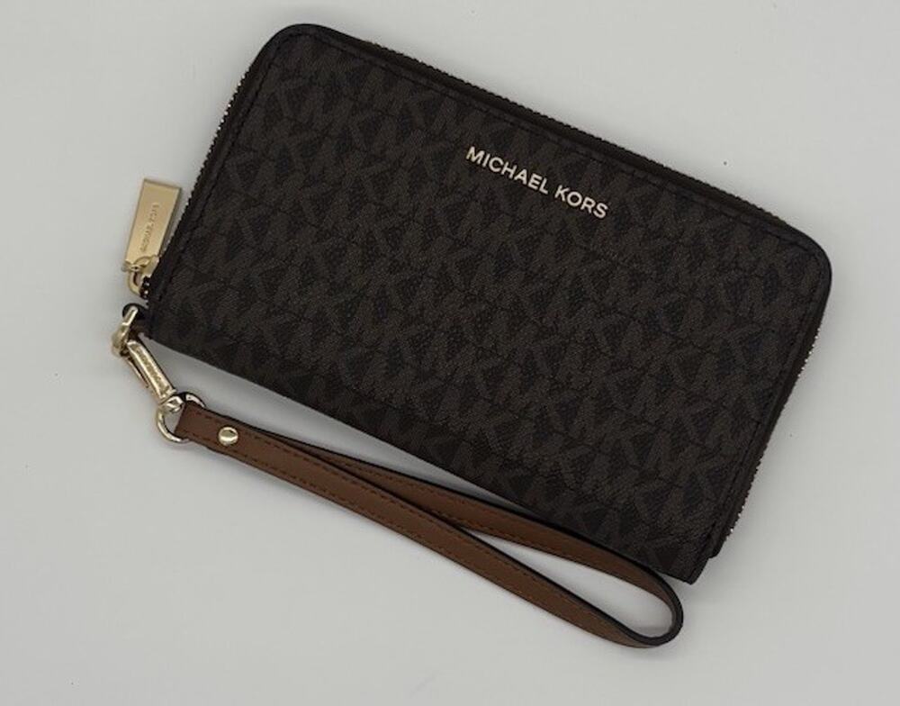 Michael Kors Logo Zip-Around Wristlet Wallet w/ Card Slots ID Window Brown